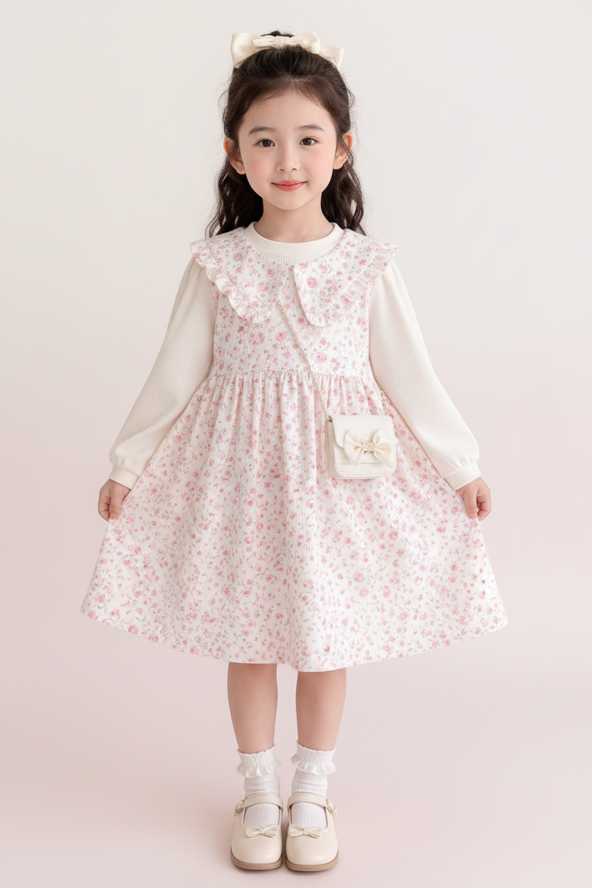 Girls Pink Floral Ruffle Collar Dress - Front View