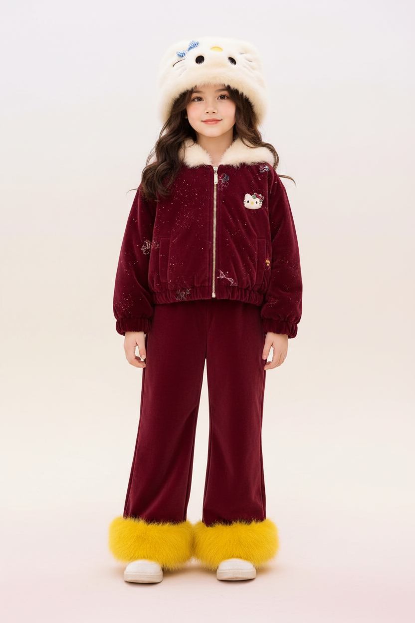 Maroon Hello Kitty Girls Velvet Winter Suit Set - Front View