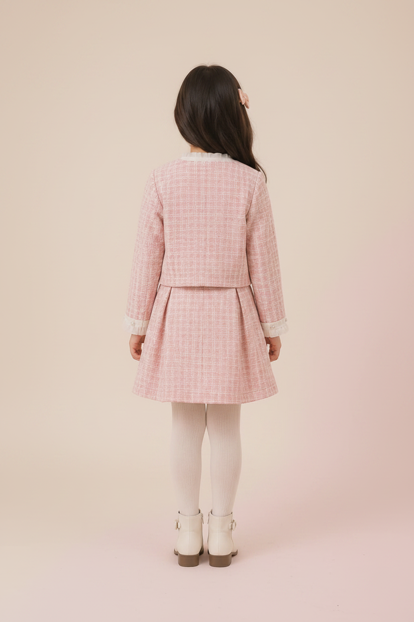 Blush Petal Tweed Coat Frock Set Back - TinkyTots