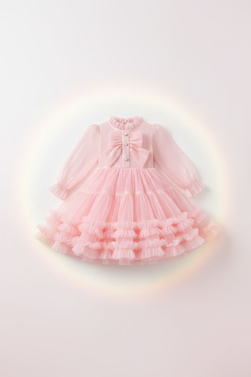 Girls Pink Layered Tulle Party Dress – Flat Lay