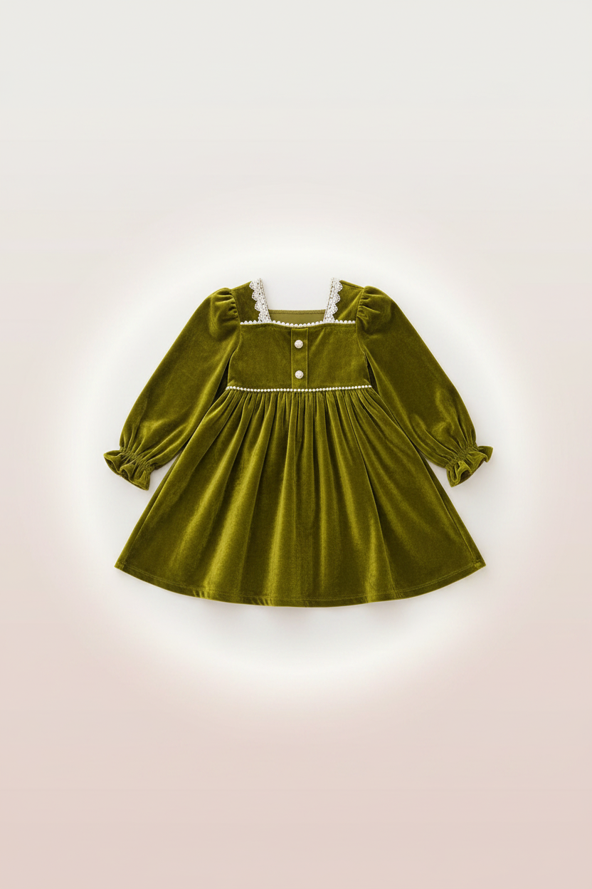 Girls Olive Green Velvet Dress - Flat Lay