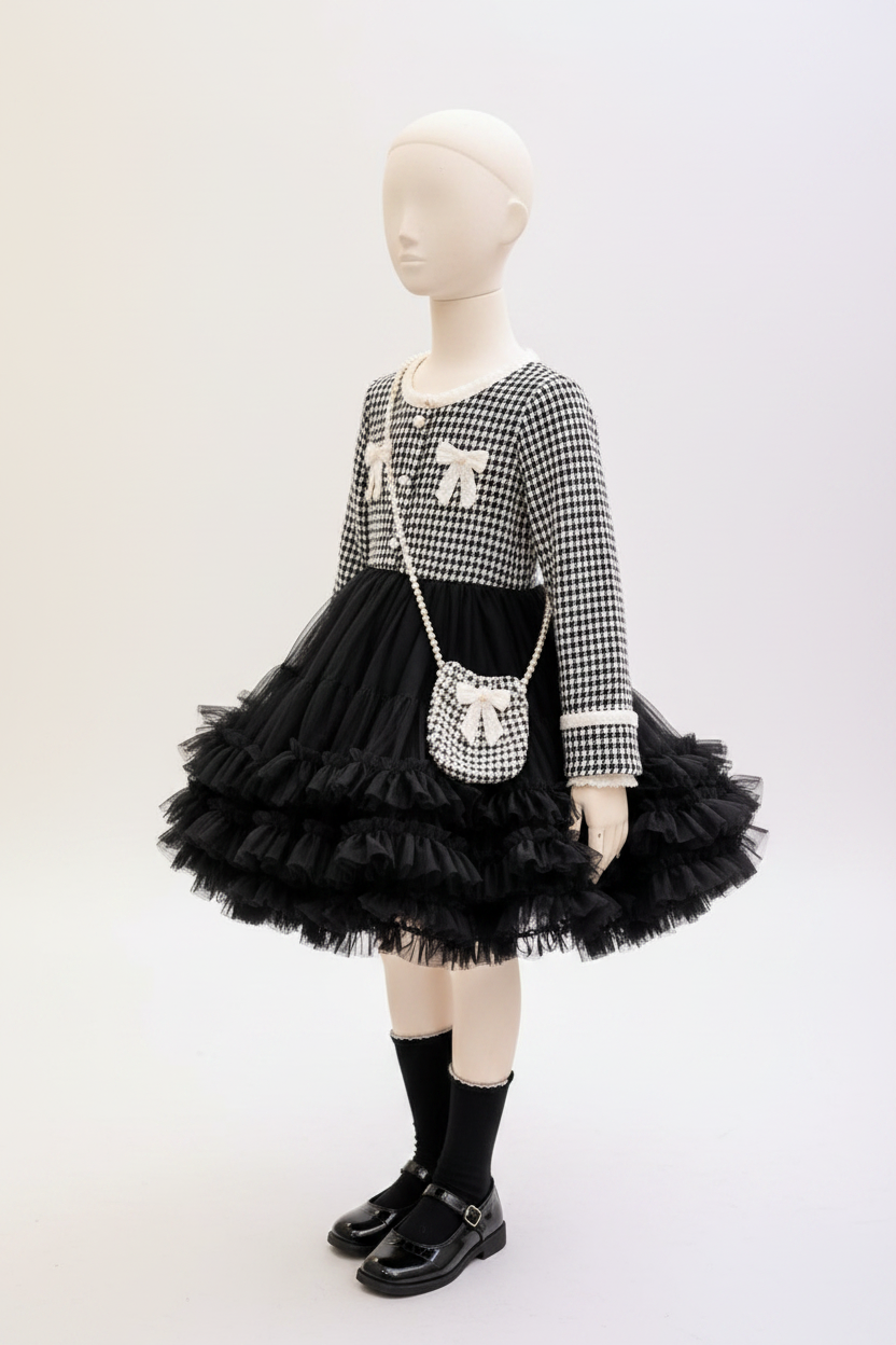 Houndstooth tulle dress on 3D mannequin - pastel studio background