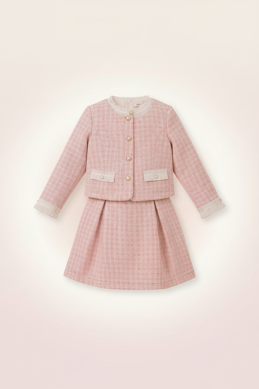 Blush Petal Tweed Coat Frock Set Flat Lay - TinkyTots