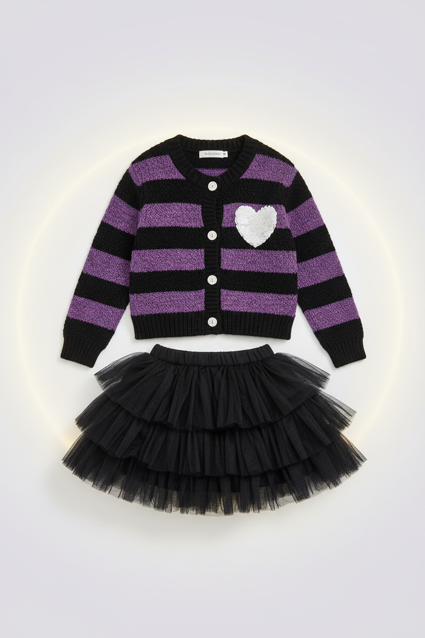 Girls Black Striped Knit & Black Tulle Set - Flat Lay