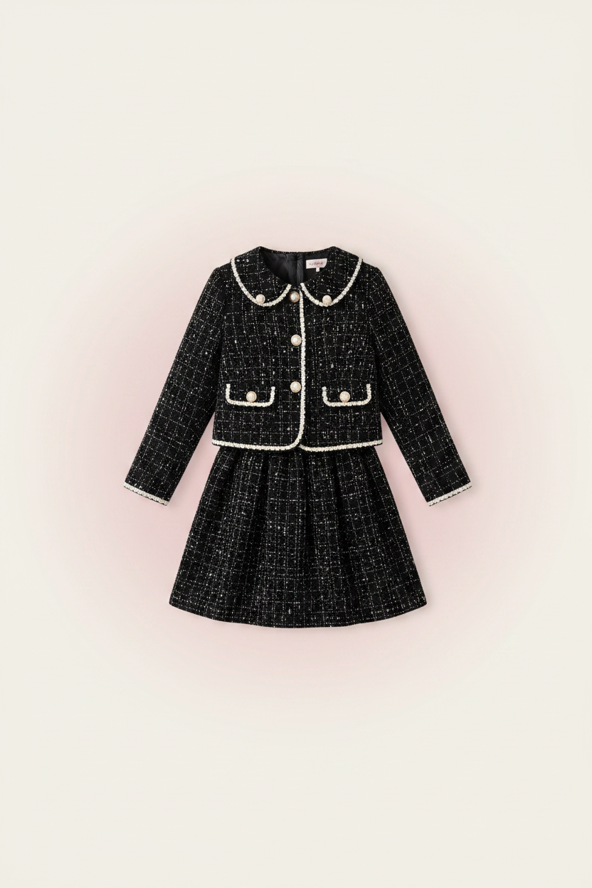 Girls Black Tweed Coat Frock Set Flat Lay - TinkyTots