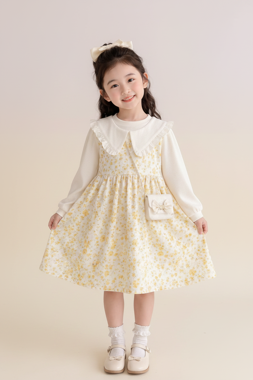 Girls Yellow Floral Ruffle Collar Dress - Front View