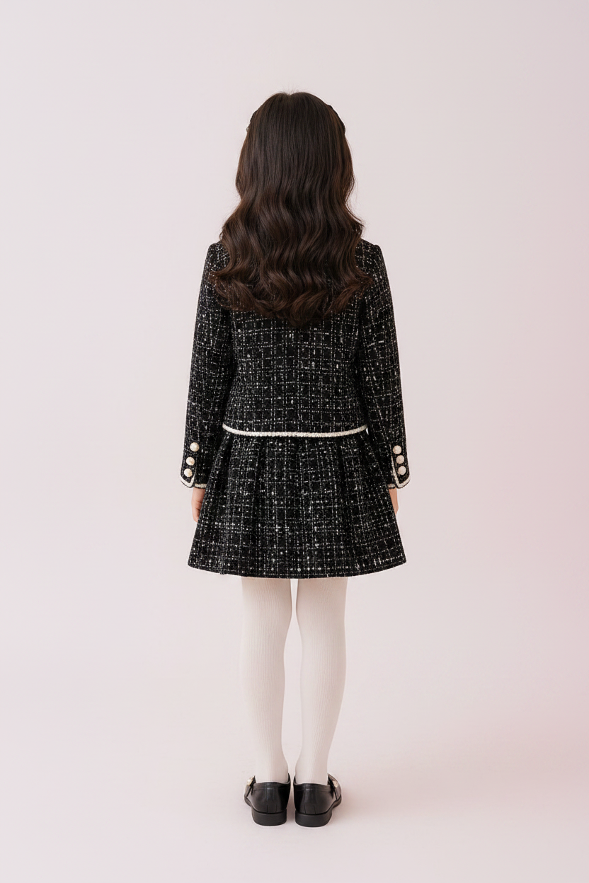 Girls Black Tweed Coat Frock Set Back - TinkyTots